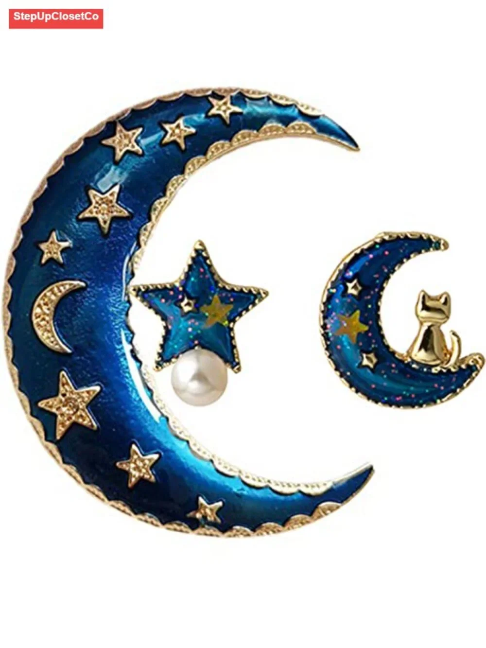 Alloy Moon Brooch Pin and Star Moon Ear Studs Set for Women